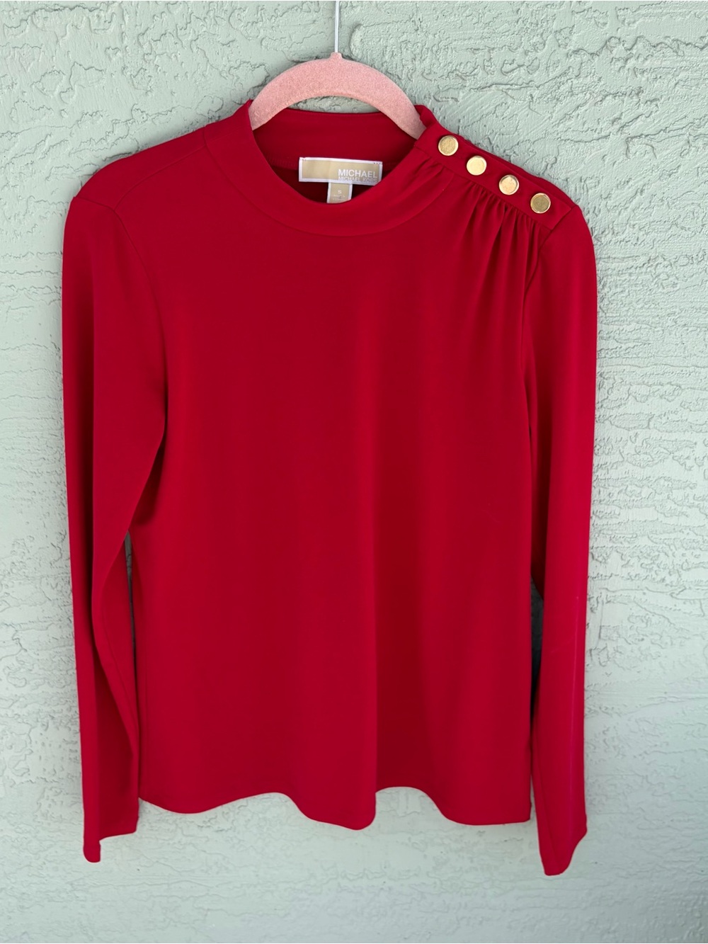 Michael Kors Scarlet Long-Sleeve Top with Gold Shoulder Buttons Sz S
